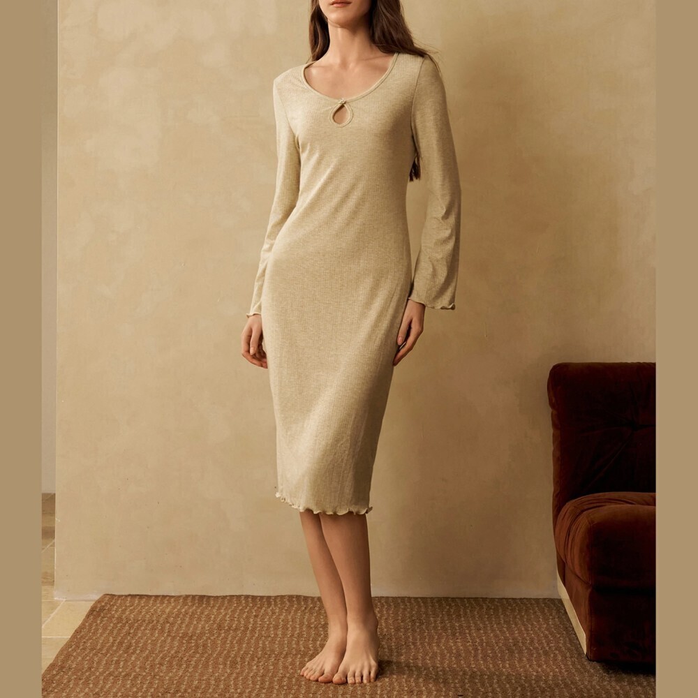 Tan Ribbed Knit Keyhole Scoop Neck Long Sleeve Sleep Lettuce Hem Dress